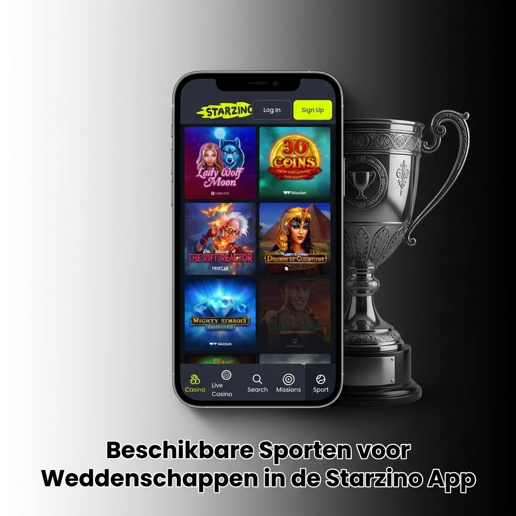 Overzicht van beschikbare sporten voor weddenschappen in de Starzino app, zoals voetbal, tennis en esports