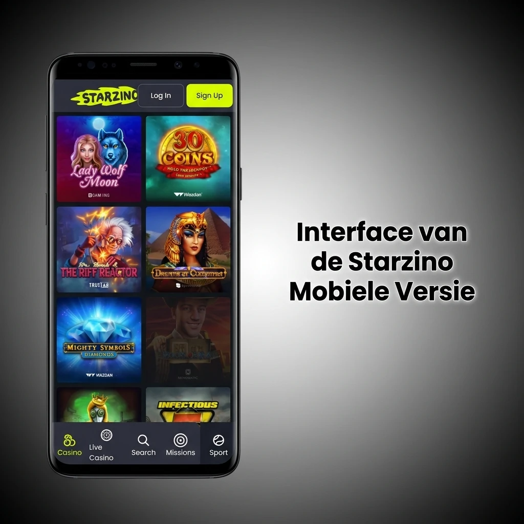 Starzino mobiele interface met overzichtelijke navigatie tussen casino, sportsbook en account op klein scherm