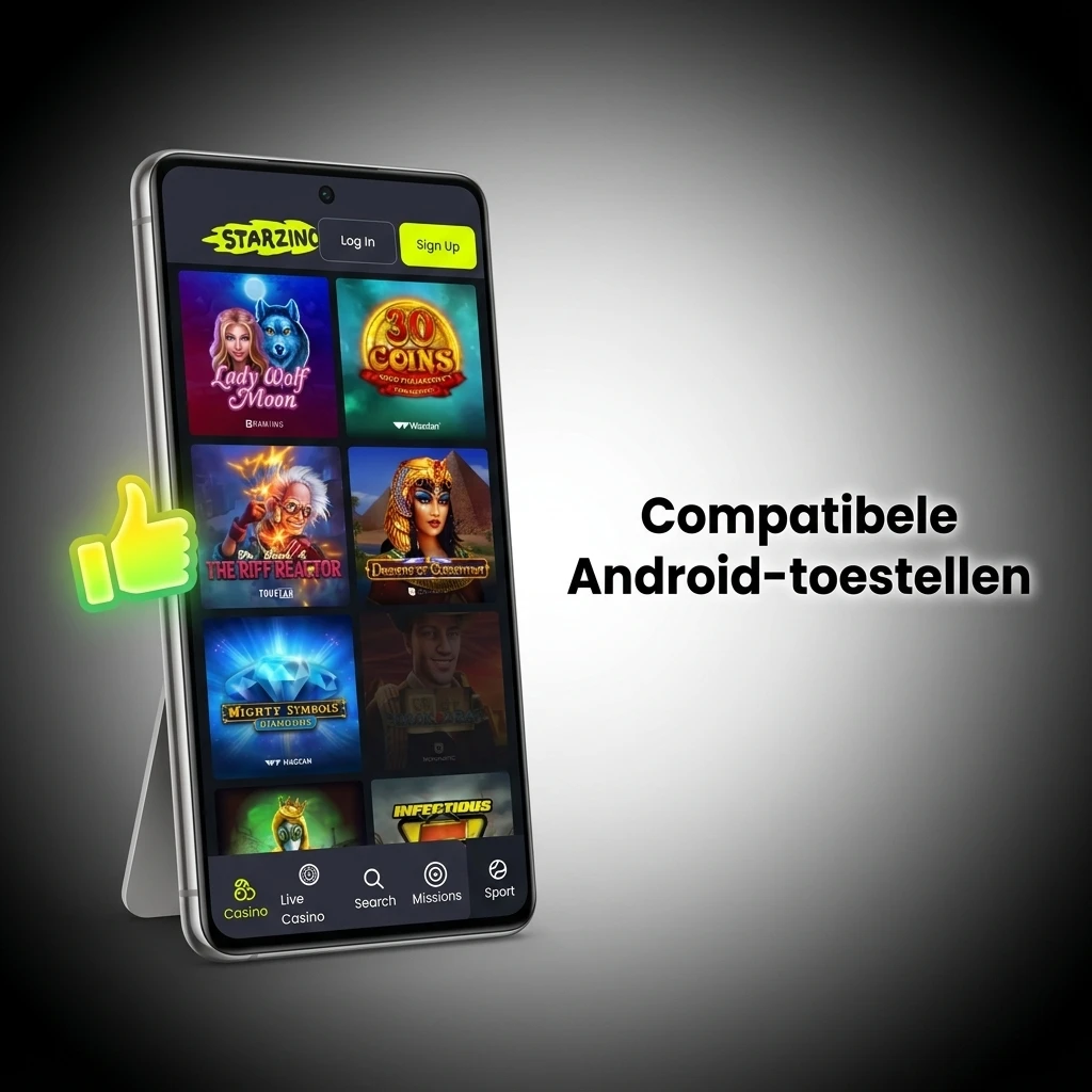 Compatibele Android-toestellen voor de Starzino-app, waaronder Samsung, Xiaomi, OnePlus en Google Pixel-modellen