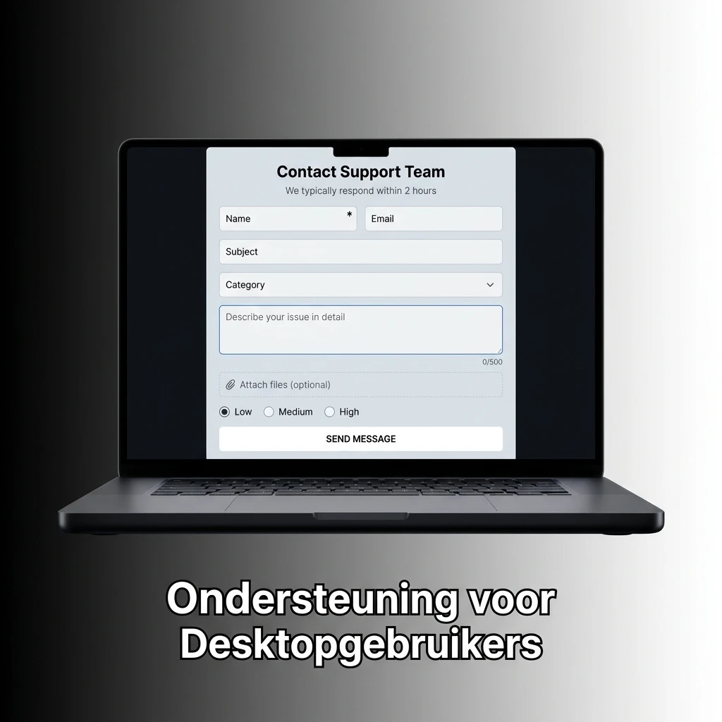 Desktopgebruikers contacteren ondersteuning via live chat, e-mail of sociale media voor technische hulp en accountvragen.